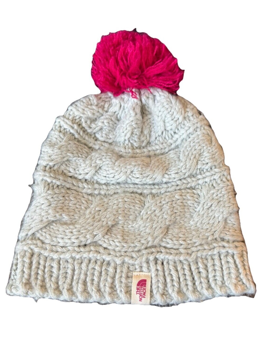 The North Face Womens Grey Cable Knit Pom Beanie Hat Pink Pom-Pom Winter Cap